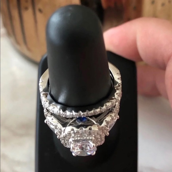 3 Pcs 925 Silver Engagement Ring Wedding Band SET - Picture 4 of 8